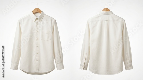 White Long Sleeve Oxford Button-Down Shirt Mockup, Front and Back View on Wooden Hanger for Apparel Branding, E-commerce Website, and Fashion Marketing Presentation