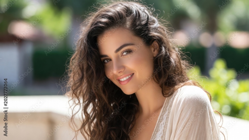 Fototapeta premium Young woman smiling confidently on sunlit terrace outdoor scene
