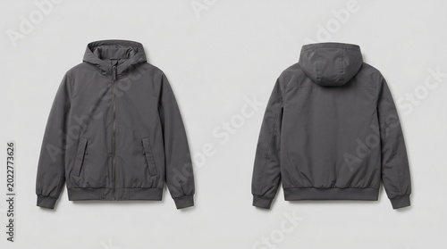 Schilderij op canvas Men's Gray Hooded Bomber Jacket Mockup Front and Back View for E-commerce Fashio