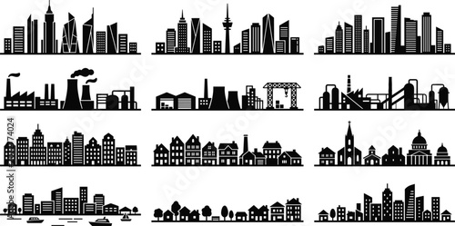 Photos Large collection of city skyline silhouettes including industrial factories resi