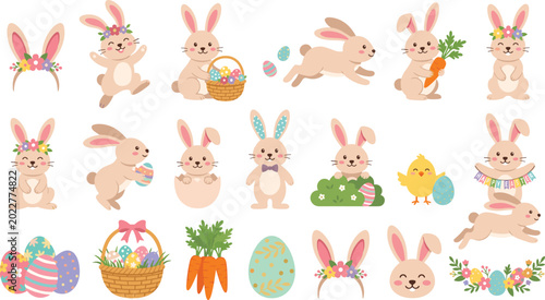 Easter bunnies and eggs set with cute rabbits in different poses and festive accessories