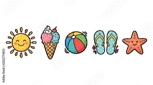 Bild auf Leinwand cute summer doodle icon set, smiling sun ice cream beach ball flip flop starfish
