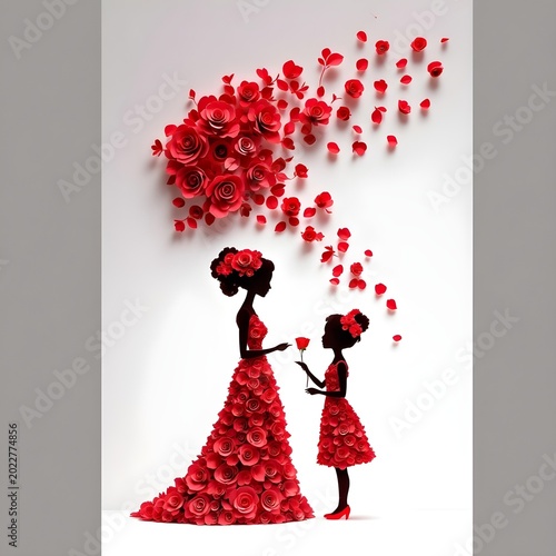 A silhouette of a mother and daughter, both adorned with red paper roses, is depicted against a white background