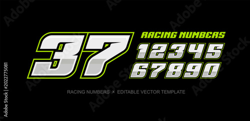 Bold Racing Numbers set in sports style dynamic typography for racing cars livery branding, sport signs and Sportswear apparel print design - editable vector template