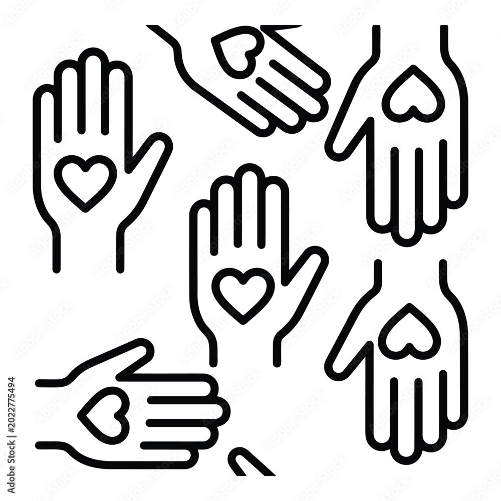 Fototapeta premium Vector illustration of hands with hearts, symbolizing love and care, isolated on white background