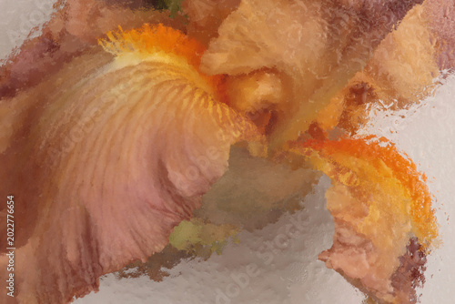 Smoke soft focus cream beige brown Flower through corrugated glass with wet flow water Drops. Abstract natural blur background.