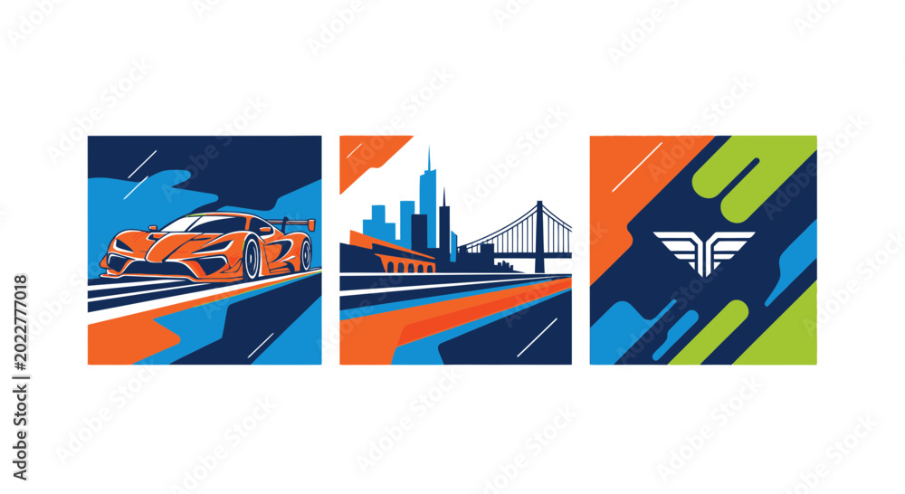Naklejka premium Sports Car Racing and Cityscape Graphic Set