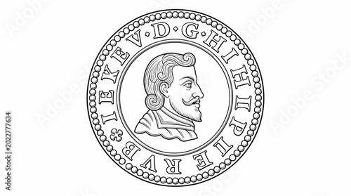 Vintage Coin Medallion with Side Profile Portrait of a Bearded Man, Historical Engraving Line Art Vector for Antique Logos, Heritage Seals, and Numismatic Illustrations