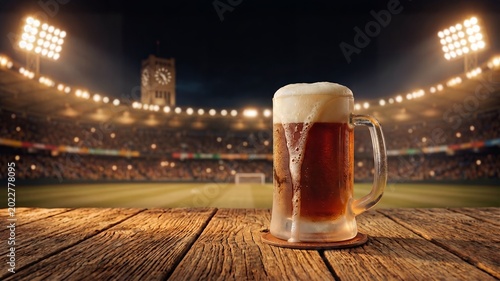 Cold Dark Beer Mug Froth Football Stadium Pitch Night Lights Sports Watch Party