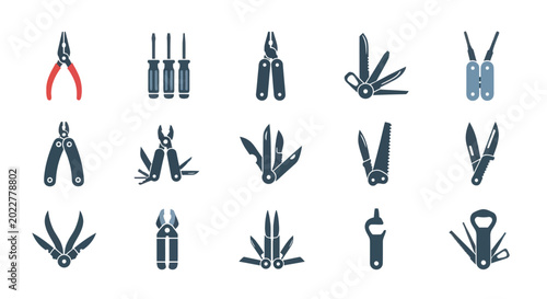 Schilderij op canvas Multi-tools, Pliers, Screwdrivers, Bottle Opener, Knife Collection Flat Icons