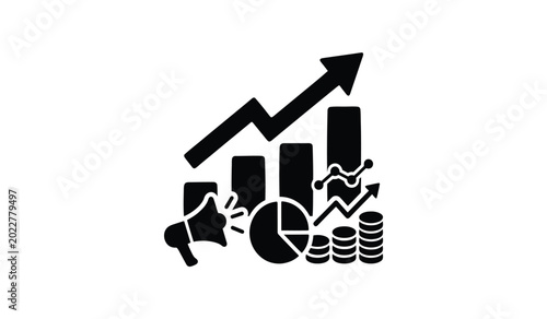 Financial growth icon with bar graphs pie chart rising arrow and coins silhouette