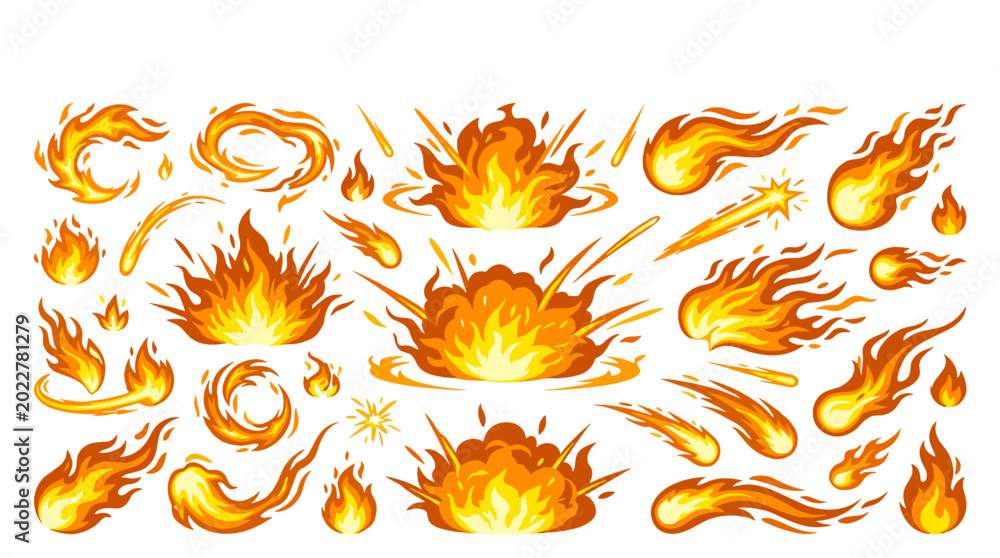Naklejka premium Fiery Display: A collection of dynamic, blazing fire elements, featuring various shapes and forms, perfect for illustrating power and energy.