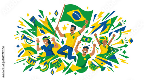 Foto Brazilian Pride: A vibrant illustration captures the essence of Brazilian pride, depicting joyous individuals waving the national flag amid a flurry of celebratory elements