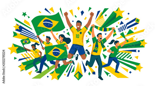 Schilderij op canvas Brazilian Fans Jubilate with Flags: A vibrant scene captures the spirited jubilation of Brazilian fans, waving flags and expressing sheer delight