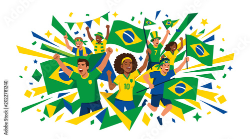 Schilderij op canvas Celebrating the Spirit of Brazil: Illustrative group of individuals joyfully waves the Brazilian flag, in a moment of national pride and celebration