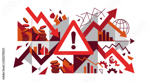 Foto Financial Danger Zone: An impactful illustration depicting the volatility and potential risks within the global financial market, with a stark warning symbol at its center