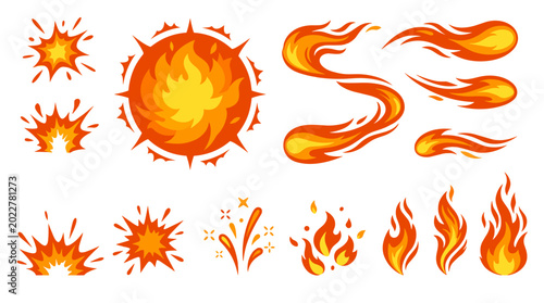 Photos Fiery Elements: A collection of various stylized fire elements and bursts, perfect for adding dynamic energy and visual flair to any design or project