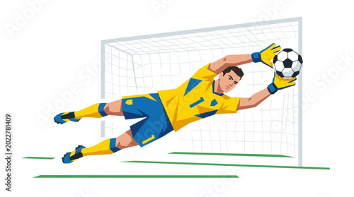 Tableau sur toile Defensive Dive: Capturing the decisive moment of a soccer goalkeeper's dive, showcasing intense focus, athleticism, and the dynamic essence of the game