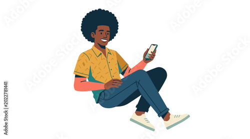 Fotografía Engrossed in Technology: A stylish individual sits absorbed, their gaze fixed upon a handheld device, showcasing an intimate connection with the digital world