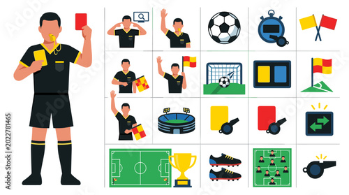 Bild auf Leinwand Soccer Referee and Game Icons: A collection of vibrant icons depicts the essence