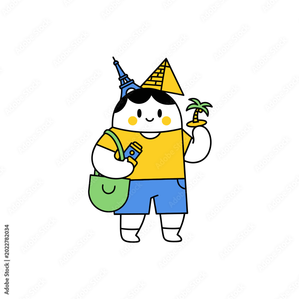 Ταπετσαρία Happy Cartoon Tourist with Eiffel Tower and Pyramid Icons