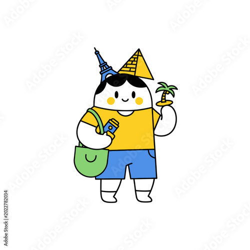 Vászonkép Happy Cartoon Tourist with Eiffel Tower and Pyramid Icons