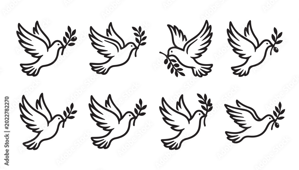 Naklejka premium Eight white doves flying with olive branches during daylight in simple line art style