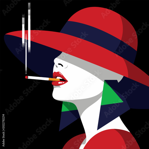 Schilderij op canvas Bold and stylish vector illustration of a woman wearing a wide-brimmed red hat a
