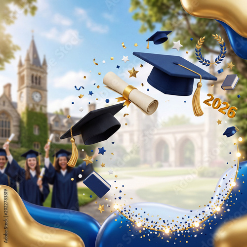 Graduation Celebration With Students in Caps and Gowns Outdoors in Front of a...