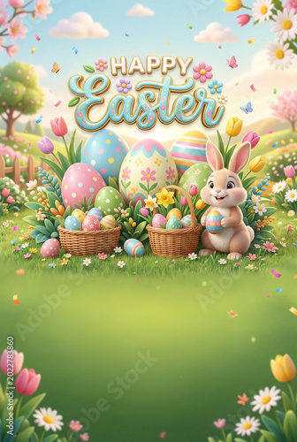 Easter Celebration With Bunny, Colorful Eggs, and Flowers in a Garden Setting