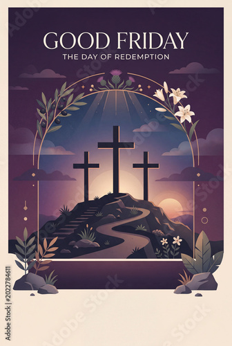 Good Friday Scene With Three Crosses on a Hill at Sunset With Flowers and Pla...