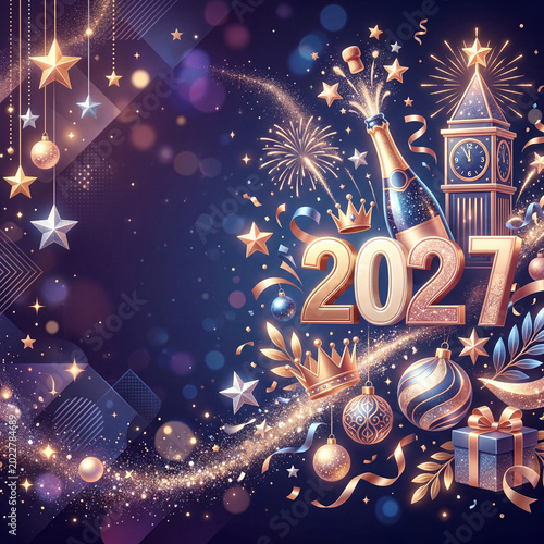 Celebration of New Year 2027 With Fireworks and Decorations in a Night Setting