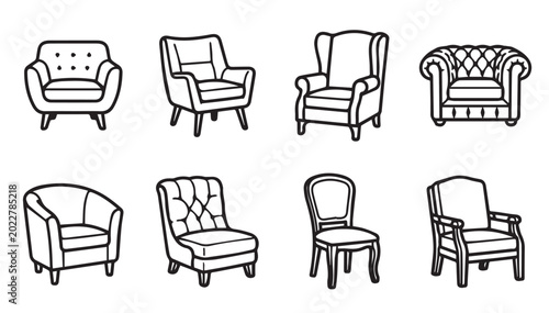Assorted armchair and chair silhouettes against a white background conceptualizing interior design options