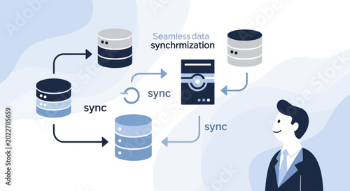 Man looking at database synchronization.