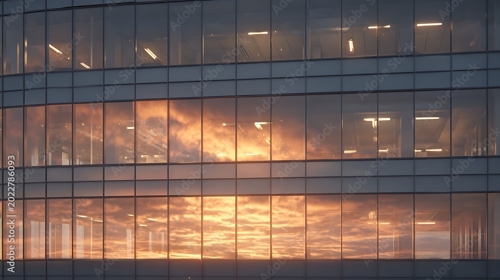 Fototapeta premium Close up view of office building windows reflecting a golden sunset sky with orange and grey