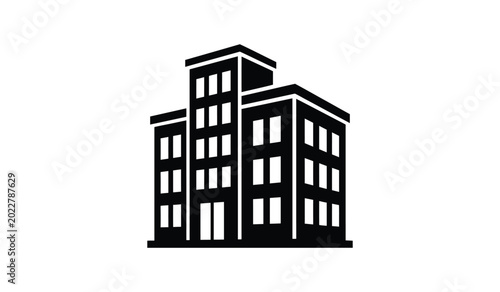 Black silhouette of a modern building complex with multiple stories against a white background silhouette