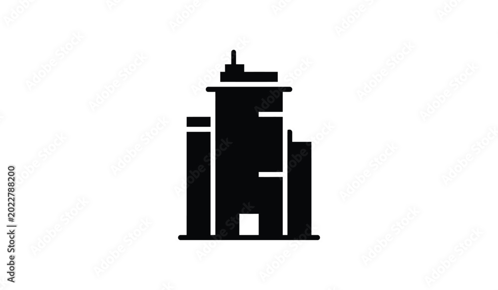 Fototapeta premium Black silhouette of a multi tiered building with a flat roof against a white background silhouette