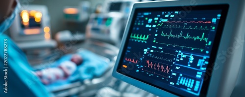 Neonatal ICU Monitor Close-up on a medical display showing intricate vital signs, overseeing a blurred infant and nurse. High-tech life support in a critical care