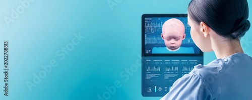 Rear view Medical professional studies tablet with 3D child head scan, showing internal structures and blueprint data. Pediatric neuroimaging, AI diagnostics, medical data analysis.