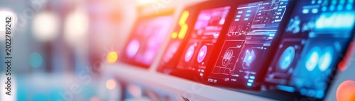 Vibrant digital control panel with multiple screens displaying intricate data, medical readouts and graphs, focused foreground with bokeh blur. Tech, AI, monitoring. Biotech, Analytics