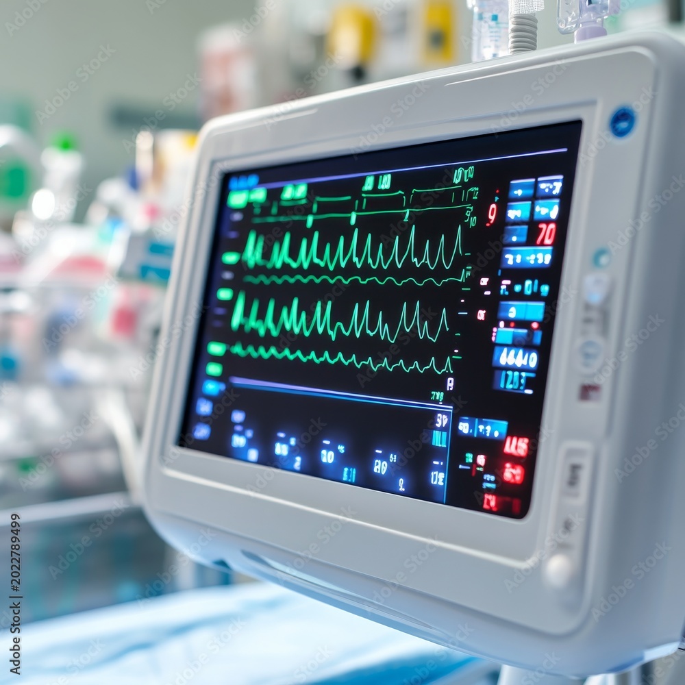 Fototapeta premium Vital signs monitor in ICU, close-up display of ECG waveforms and patient data, highlighting medical technology for critical care. ,Healthcare ,Hospital