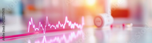 Wide shot Vibrant pink ECG-like waveform with neon glow reflecting on a glossy surface, blurred medical equipment backdrop. Concept Digital health monitoring, advanced