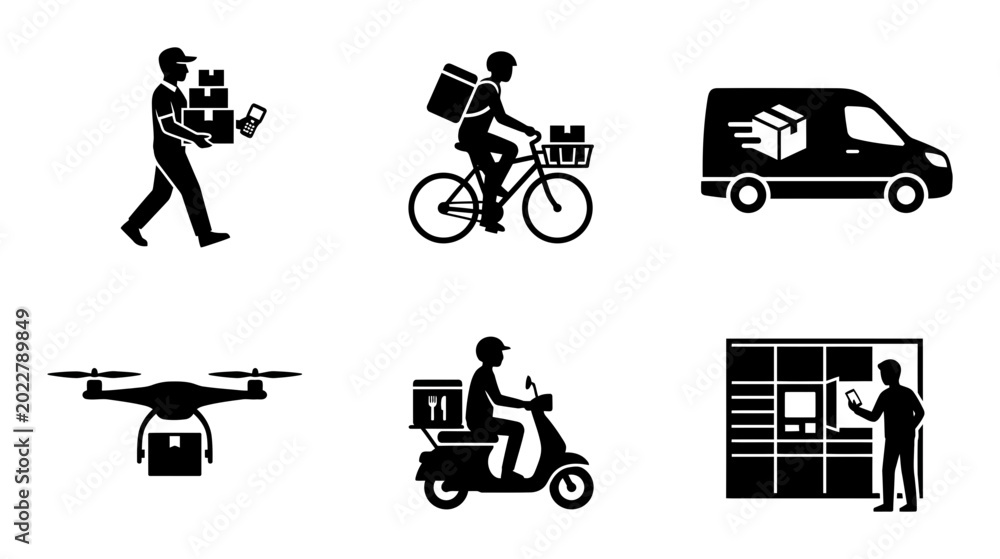 Fototapeta premium Modern delivery service vector icon set, black and white pictograms for logistics and shipping, courier transportation methods, and package pickup options, isolated on white background.