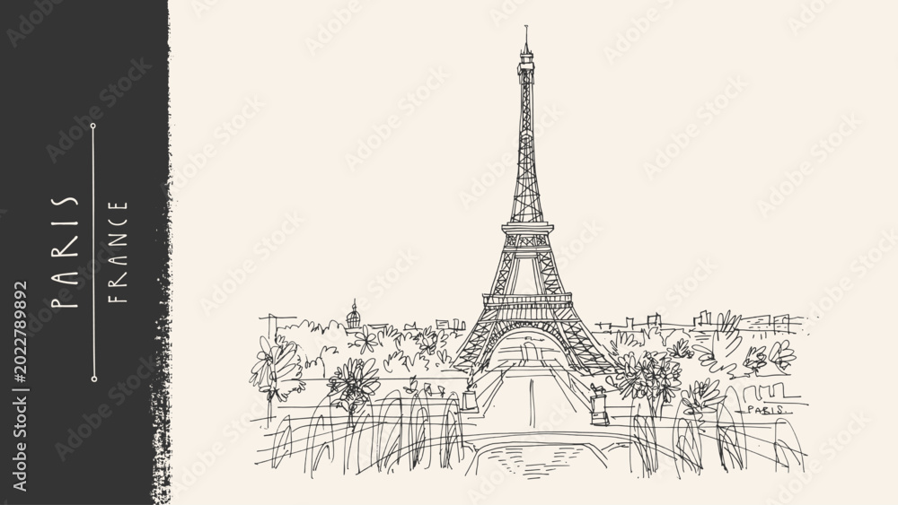 Fototapeta premium Paris France travel sketch. Eiffel Tower city skyline. Vintage park trees, roofs and river Seine. Handdrawn vector line illustration. Romantic European cityscape, old postcard bg. Engraved ink artwork
