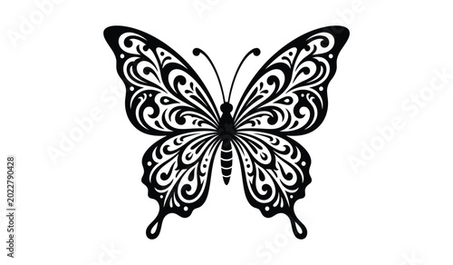 Bild auf Leinwand Intricate ornamental butterfly with swirling patterns and detailed wings black s