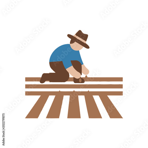Valokuva Man in hat fixing railroad tracks, vintage style illustration