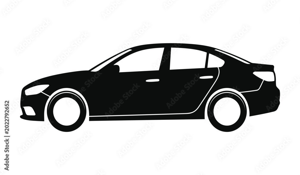 Fototapeta premium Side view of a modern sedan car in black and white silhouette