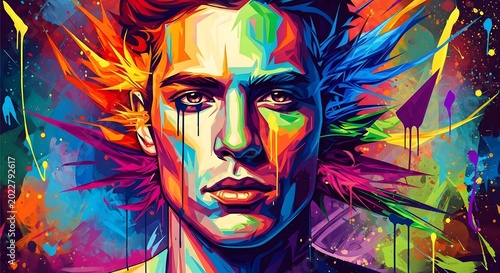 Vibrant Expression A captivating abstract portrait of a person, bursting with dynamic colorful paint splatters and artistic energy, showcasing a fusion of emotion and vivid hues