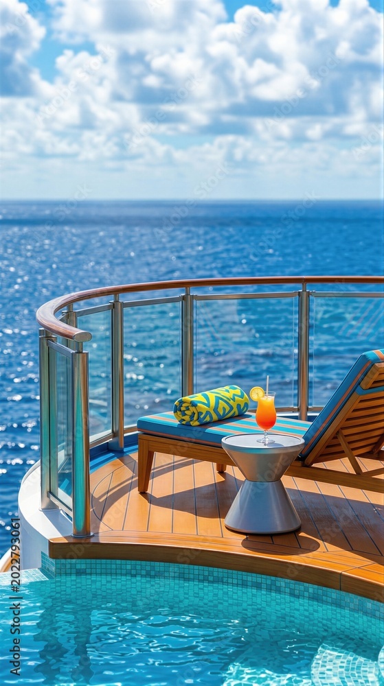 Naklejka premium Cruise ship balcony with lounge chair and cocktail drink overlooking blue ocean. Luxury summer vacation on water. Relaxing travel lifestyle, seaside resort view and holiday escape.