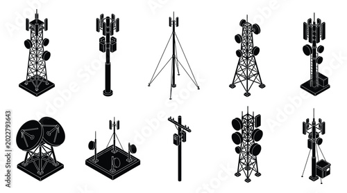 Φωτογραφία cell towers and communication antennas black linear vector set